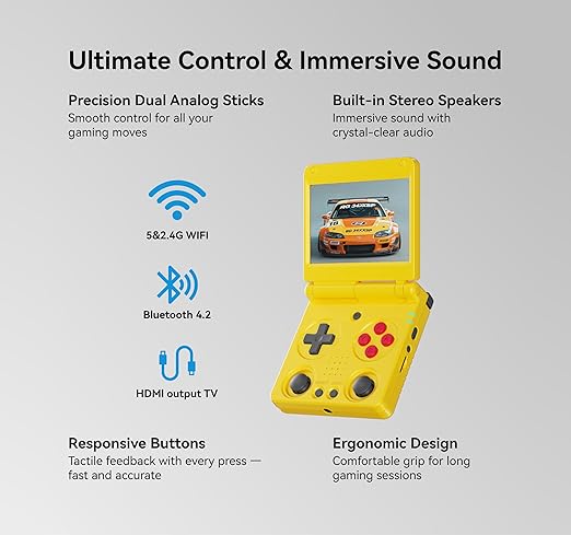 Anbernic RG34XXSP Retro Gaming Console – Flip Design, 3.4'' IPS Screen 720×480, 64G TF Card with 5000+ Games, Portable Handheld, 3300mAh Battery, WiFi HDMI Bluetooth (Yellow 64G)