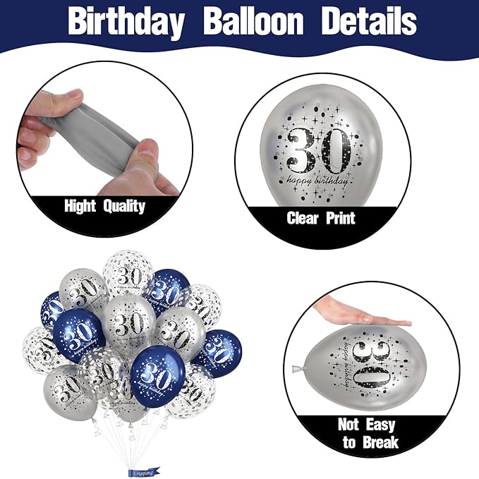 Blue Silver 30th Birthday Latex Balloons, Navy Blue Silver Happy 30th Birthday Party Decorations for Men, 15 Pcs 30th Balloons for Him Age 30 Years Old Birthday Celebration Party Decorations Supplies