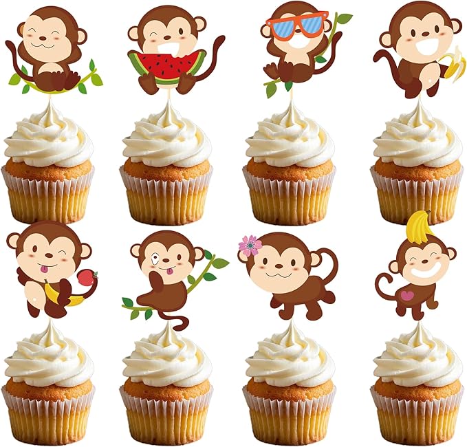 Monkey Birthday Party Decorations - 40PCS Monkey Cupcake Toppers Decoration Animals Themed Cupcake Picks Decor for Baby Shower Supplies