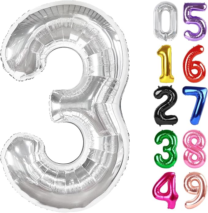 Silver Number 3 Balloon 40 Inch, 3rd Birthday Celebration Supplies for Girls Boys Women Men, 3 Balloon for Girls Boys Theme Party