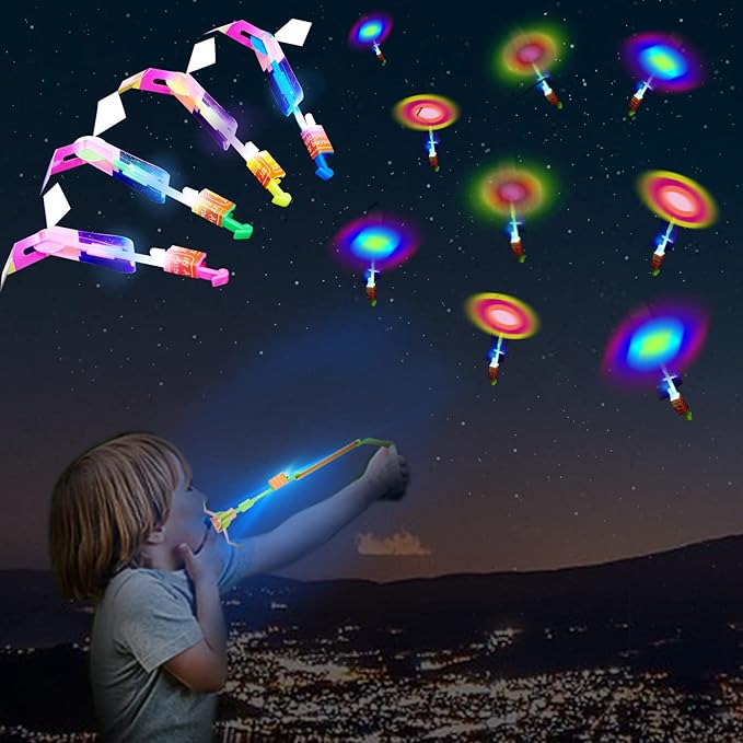 WELLVO 60Pcs Rocket Helicopter with LED Lights 30 Launchers + 30 Glow Rocket Helicopters Glow in The Dark Party Supplies Flying Outdoor Toys Party Favors for Kids 8-12,4-8