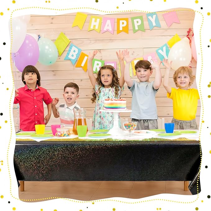 Oudain 2 Pcs Black & Gold Holographic Party Tablecloth 54 x 108 Inch Party Decoration Plastic Rectangle Table Cloth Waterproof Table Cover for Wedding Birthday Anniversary Graduation Supplies