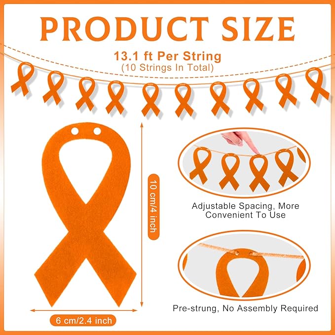 VitalCozy 10 Pcs Ribbon Awareness Banner 13.1 ft Ribbon Garland Cancer Awareness Decor Cancer Free Decorations for Society Events Groups Fundraisers Party Supplies (Orange)