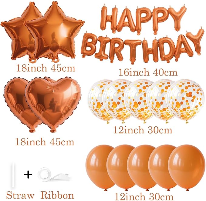 27 Pcs Orange Birthday Decorations, 3D Letters Orange Happy Birthday Balloon Banner, Pentagram Heart Foil Balloons Confetti Balloons Kit For Boys Girls Party Supplies