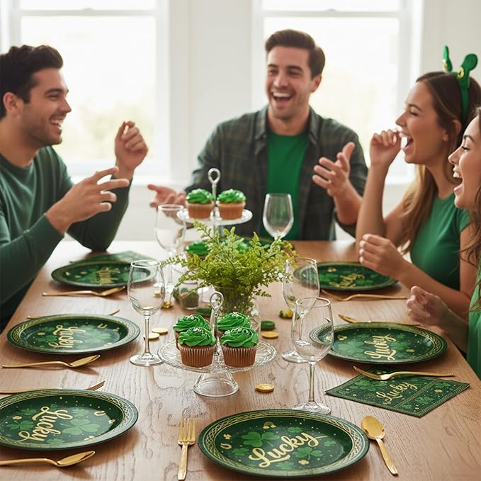 100 Pcs St. Patrick's Day Tableware Party Supplies, Serves 25, Disposable Green Clover and Lucky Design Paper Plates, Napkins, and Gold Forks, St. Paddy's Day Dinner, Irish or Spring Decorations
