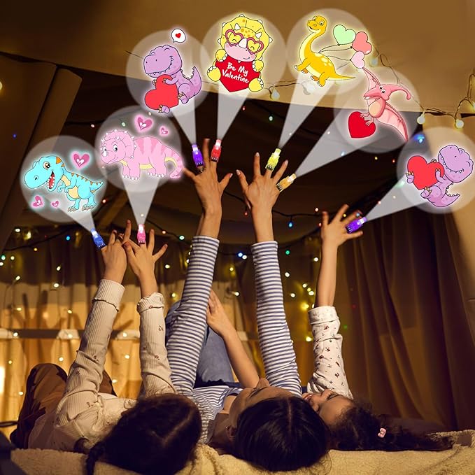 36 PCS Valentine's Day Dinosaur LED Finger Lights Love Heart Party Favors Glow in the Dark Light Up Finger Lights Themed Toys Bulk for Birthday Party Goodie Bag Stuffer Birthday Gifts Classroom Prize