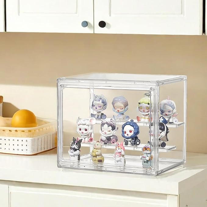 Clear Acrylic Display Case,4 Pack 3 Tier Adjustable Display Box Stand with 2 Movable Plates, Small Showcase Magnetic Door for Mini Action Figures Collectibles (Small