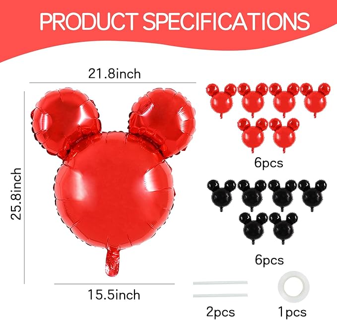 Vuzvuv 12pcs 24 Inches Mouse Head Foil Balloons, Black Red Mouse Shaped Balloon for Birthday Party, Baby Shower,Theme Party Decoration,Graduation Party Supplies