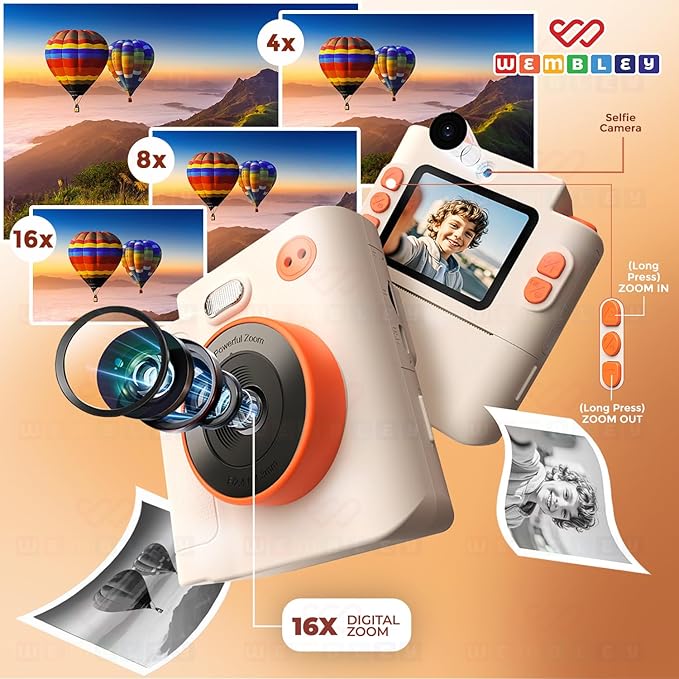 Wembley Kids Camera Instant Print | Birthday Gift Toys for Boys & Girls 3–10 Years | Unicorn Digital Dual Lens Toddler Camera Thermal Printer | 48MP 1080P Selfie & Video | 16X Zoom 32GB SD Card -Cream