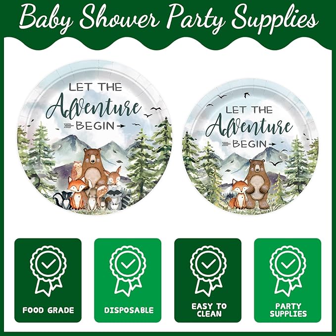 231pcs Let The Adventure Begin Party Supplies Baby Shower Plates Napkins Adventure Tableware Set Disposable Cups Forks Tablecloth Banner and Balloons for Baby Shower Party Decorations Serve 24