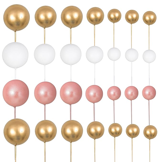 Gyufise 30Pcs Balls Cake Topper Mini Balloons Cake Toppers Foam Ball Cake Decorations Balloon Cake Topper Ball Shaped Cake Insert Topper for Birthday Party Baby Shower Decor Rose Gold White Gold