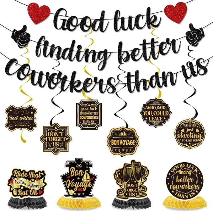 Going Away Party Decorations Include Good Luck Finding Better Coworkers Than Us Banners Hanging Swirls Honeycomb Centerpieces Farewell Theme Party Supplies