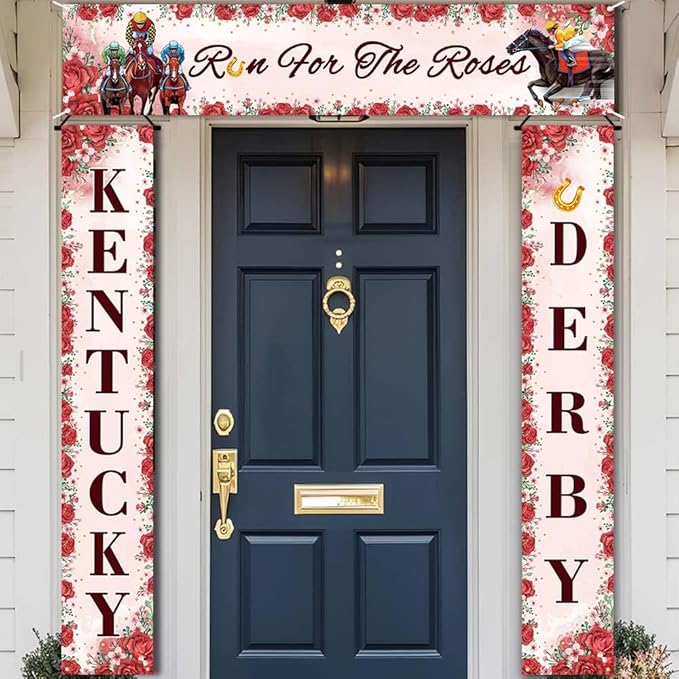 3PCS Kentucky Derby Decorations Banner Run for the Roses Yard Fence Cover Hanging Rose Horse Kentucky Derby Porch Sign for Horse Racing Kentucky Derby Party Supplies Indoor Outdoor