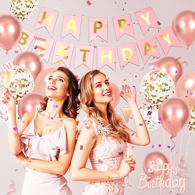 Rose Gold Birthday Decorations For Girl Woman, Happy Birthday Party Decorations With Metallic Pearl Rose Gold Confetti Latex Balloons Banner Fringe Curtain Cake For Party Decor