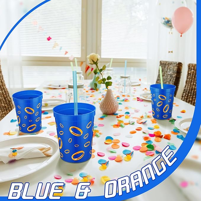 Qinyoung 24 Pcs Blue with Gold Ring Print Themed Birthday Party Supplies Plastic Cups Reusable 16oz Cups for Cartoon Theme Birthday Party Holiday Events Decoration Favors