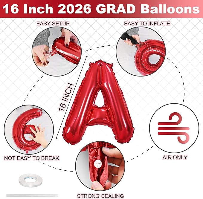 2026 Congratulations Grad Balloons, 16 Inch Red 2026 GRAD Foil Balloons Banner Sign Sign for for Graduation Decorations 2026, College High School Class of 2026 Graduate Congrats Party Decor Supplies