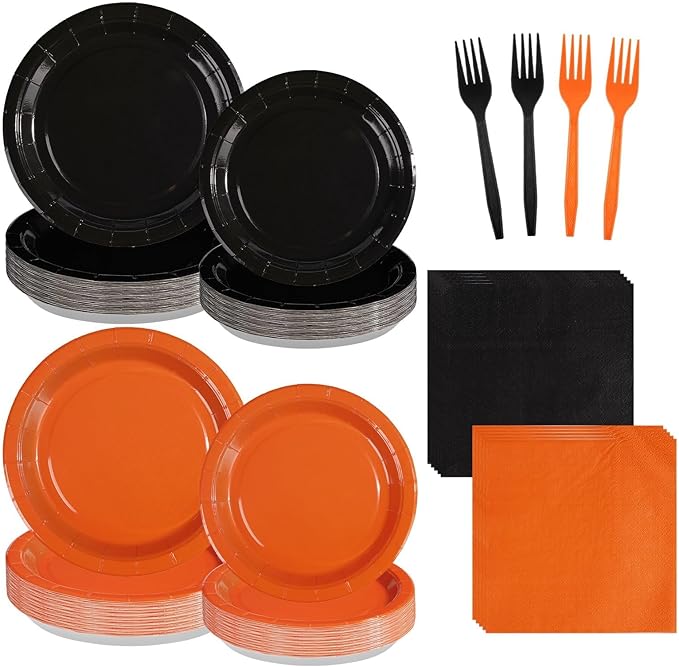 Grencian 96Pcs Orange and Black Party Decorations Orange and Black Plates and Napkins Disposable Paper Tableware Set for Birthday Wedding Baby Shower Fall Harvest Halloween Party Supplies, Serves 24