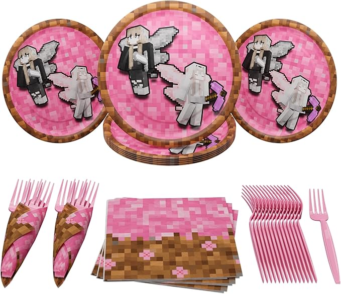 Pixel Girl Value Party Supplies (64 pieces for 20 Guests) - Girl Video Game Party Supplies, Video Game Birthday Decorations for girls, Mining Craft Party, Pixel Miner Party, Video Game Birthday Party