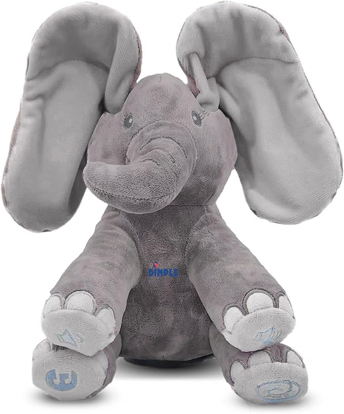 Dimple Emery Peek A Boo Elephant Toy, Interactive Singing Stuffed Elephant Plush with Moving Ears, Musical Stuffed Animal for Babies and Toddlers, Adorable Baby Toy - Adorable Gift for Grandchild