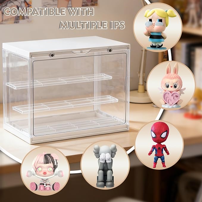 LED Acrylic Display Case for Collectibles, Cordless Power Stacking Showcase with 3-Tier Steps - Clear Dustproof Protector Box with Magnetic Door for Action Figures, Popmart, Funko pop
