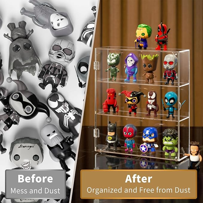 NIUBEE Acrylic Display Case, Clear Display Case for Funko Pop Figures, Wall Mounted or Desktop Dustproof Display Cabinet Box for Collectibles ,Rock,Crystals,Mini Toys,Amiibo (3 Tiers)