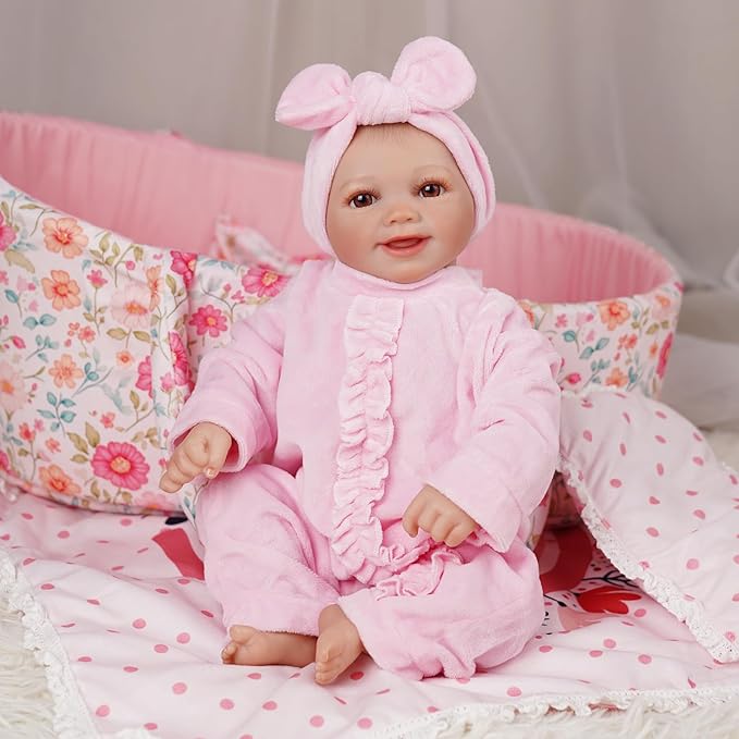 BABESIDE 3 Pcs Baby Doll Bassinet with Baby Doll Bedding Set for 17-22 Inch Dolls, Floral Patterns Babydoll Crib and Blanket for Lifelike Reborn Dolls Accessories, Pink