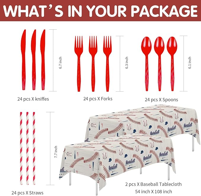Baseball Party Decorations Tableware, Baseball Birthday Baby Shower Party Supplies Dinnerware Include Paper Plate, Cup, Napkin, Tablecloth, Cutlery, Straw, Serves 24