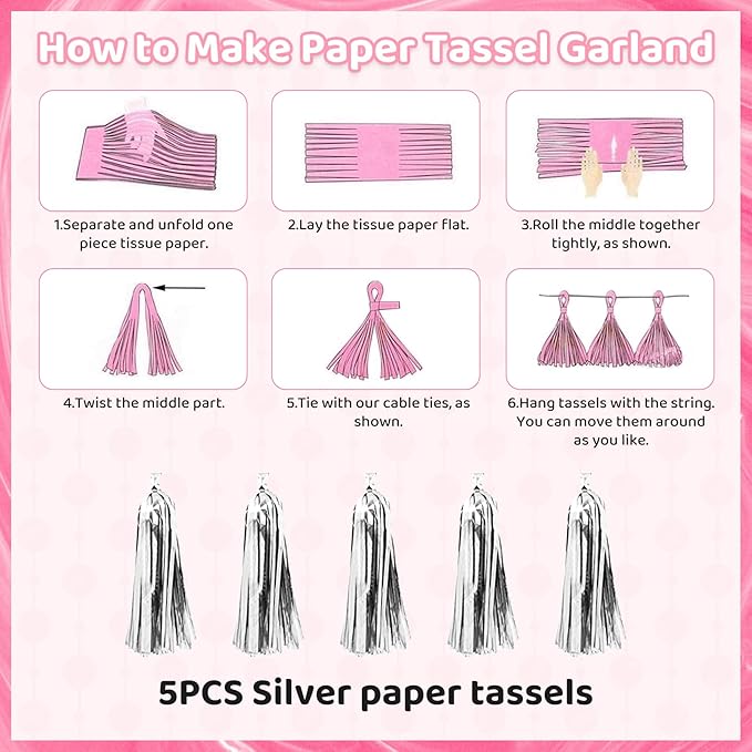 Ouddy Life Pink Happy Birthday Party Decorations for Women Girls, Pink Happy Birthday Love Crown Bow Bottle Lipstick Balloons Fringe Curtain for Princess Birthday Wedding Baby Shower Party Supplies