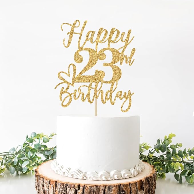 Gold Glitter Happy Birthday Cake Topper, Funny 23rd Birthday Party Supplies