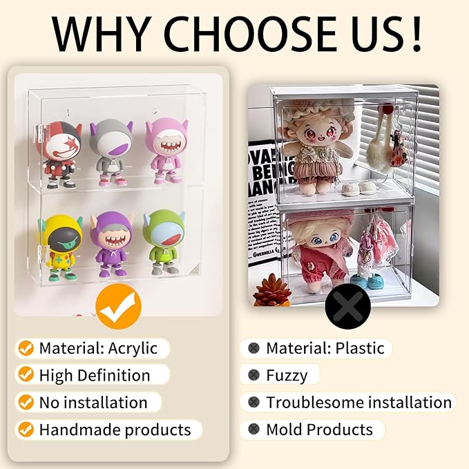 Acrylic Display Case - 2 Layer Clear Display Case for Funko Pop Action Figures - Wall Mounted or Desktop Dustproof Display Cabinet Shelf for Labubus Collectibles Mini Toys