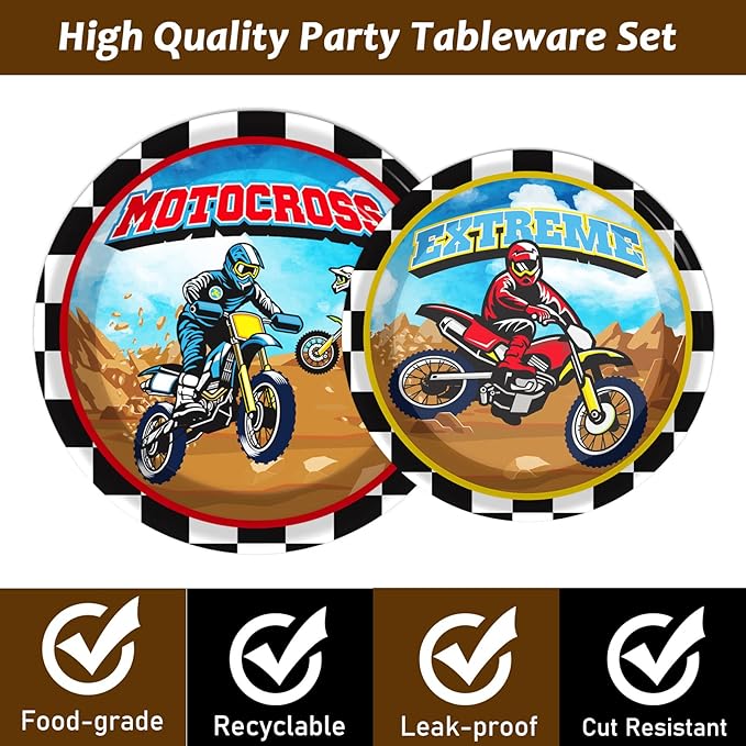 96 Pcs Dirt Bike Motocross Party Tableware Set - Serves 24, Includes Plates, Napkins, Decorations for Boys' Birthday or Baby Shower