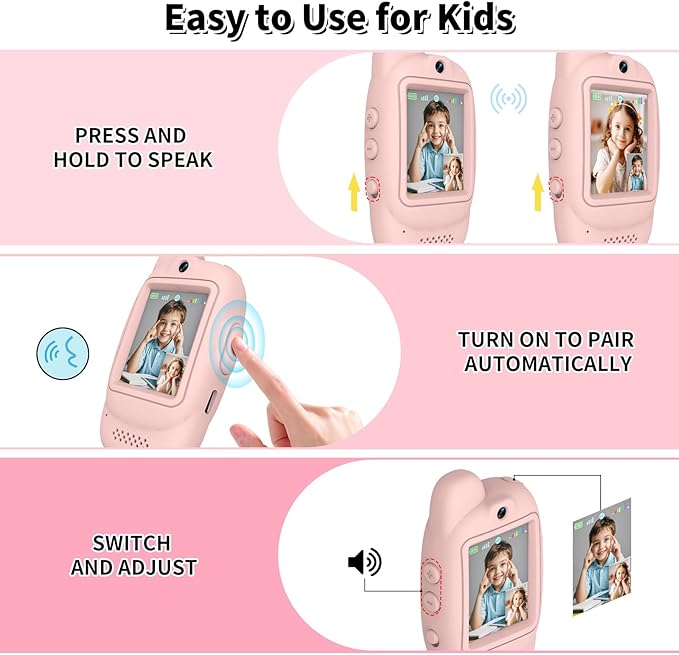 Video Walkie Talkies for Kids, Handheld 2 Pack Rechargeable Kids Video walkie talkies,Long Range Ideal for Family Games, Outside, Camping, Hiking (Pink - A)