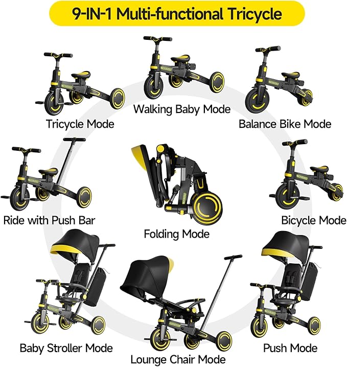 WinHope 9-in-1 Push Tricycle for Toddlers 1-3 Years, Convertible Kids Trike with Push Handle & Safety Belt, One-Client Foldable Design + Storage Basket, Birthday Gift and Toy for Boys and Girls(Black)