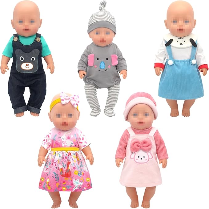 SOTOGO 5 Sets Doll Clothes Outfits Jumpsuits with Hats for 14 to 17 Inch New Born Dolls, American 18 Inch Dolls Clothes and Accessories