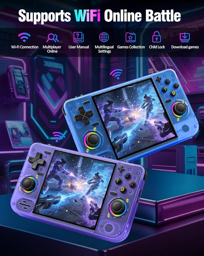 RF40H Retro Handheld Game Console, 4.0 Inch HD IPS Screen, Retro Classic Game, Linux-Powered Portable Game Handheld with 4000mAh Battery, Supports WiFi Connection (Purole-64G)