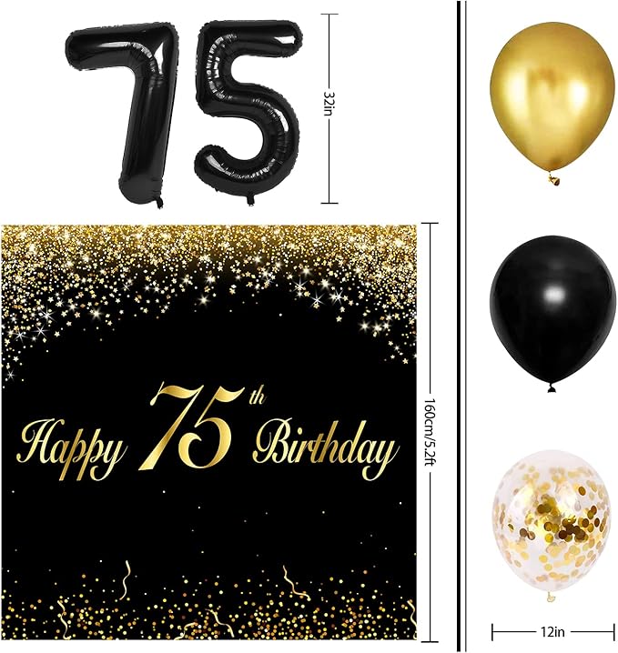 Happy 75th Birthday Balloons Black Set Decor - Cheers to 75 Years Old Party Theme Garland Banner Backdrop Decorations For Women and Men Supplies