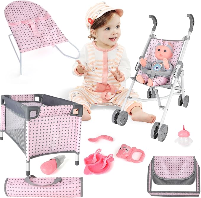deAO Baby Doll Stroller Crib Bed Nursery Role Play Set Baby Doll with Accessories and Play Mat,Travel Cot,Bouncer,Foldable Stroller and Travel Bag Gifts for Toddlers Girls Boys