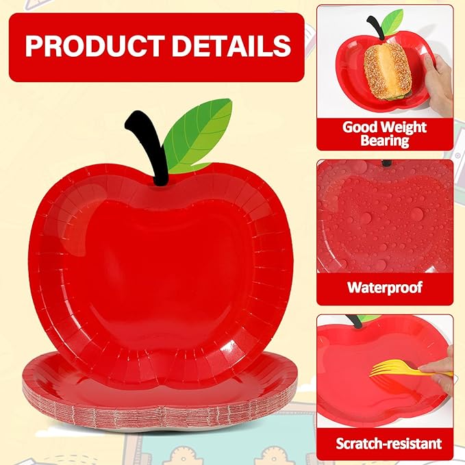 48 Pcs Back to School Tableware Set First Day of School Party Supplies Red Apple Paper Plates Composition Notebook Napkins Classroom Decoration for Kindergarten Preschool Teacher Party Serve 24