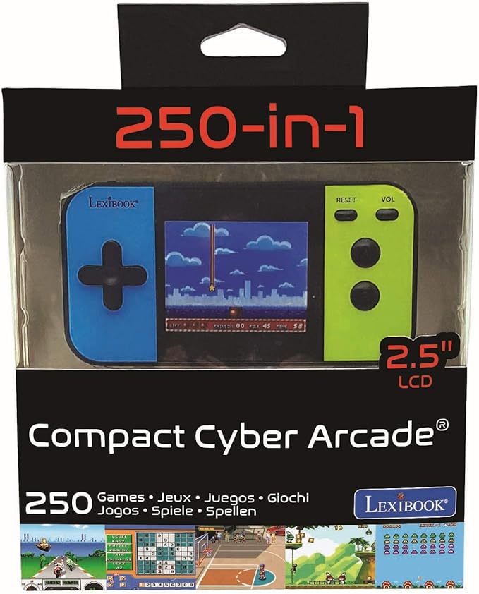 Lexibook Compact Cyber Arcade Portable Gaming Console, 250 Gaming, LCD, Battery Operated, Video Game for Children, Black/Blue/Green, JL2377