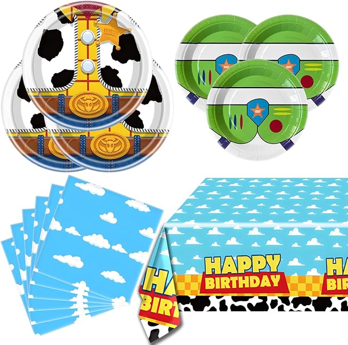 Cartoon Story Party Tableware Set, Blue Sky White Cloud Cow Tablecloth, Toy Theme Birthday Party Tableware Set