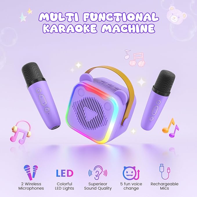 Mini Karaoke Machine for Kids,Portable Bluetooth Speaker with 2 Microphones,Music Player for Singing and Party,Ideas Birthday Toys Gifts for Girls Boys 3,4,5,6,7,8,9,10,11,12+ Years Old (Purple)