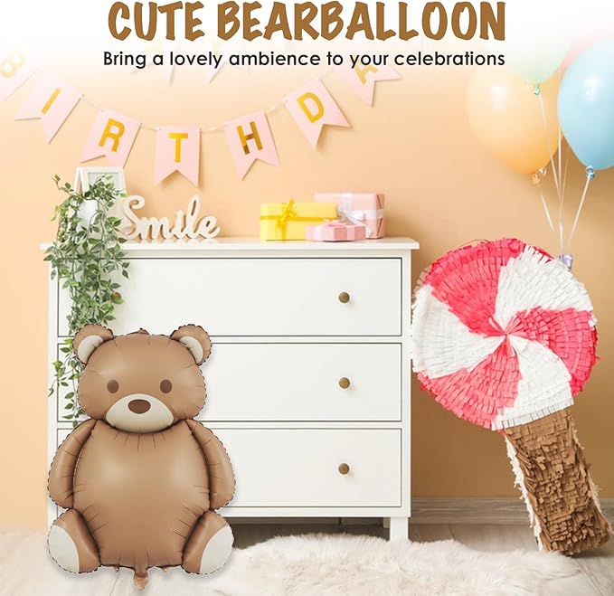 4 Pack Giant Teddy Bear Balloons,35 Inch Matte Brown Foil Mylar Balloons for Beary First Birthday Decorations,Teddy Bear Baby Shower Party Supplies,Woodland Theme Neutral Party Decor
