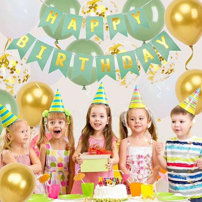 Happy Birthday Banner, Green Birthday Decoration, 16 Pcs 12in Happy Birthday Balloons with 2 Ribbons for Men Women Girls and Boys Birthday Party Decoration