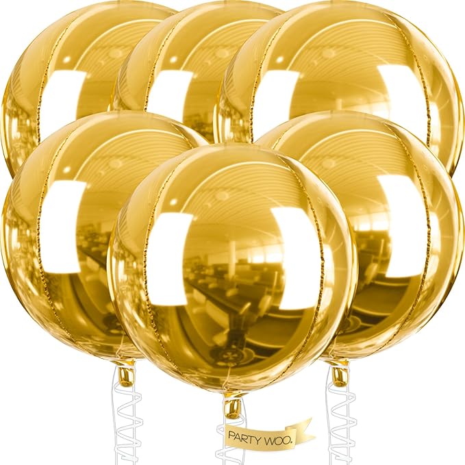 PartyWoo Metallic Gold Foil Balloons 6pcs 32 Inch Large Round Foil Big Giant 4D Jumbo Inflatable Mirror Ball Mylar Balloons for Graduation Birthday Baby Shower Anniversary Tea Party Decorations