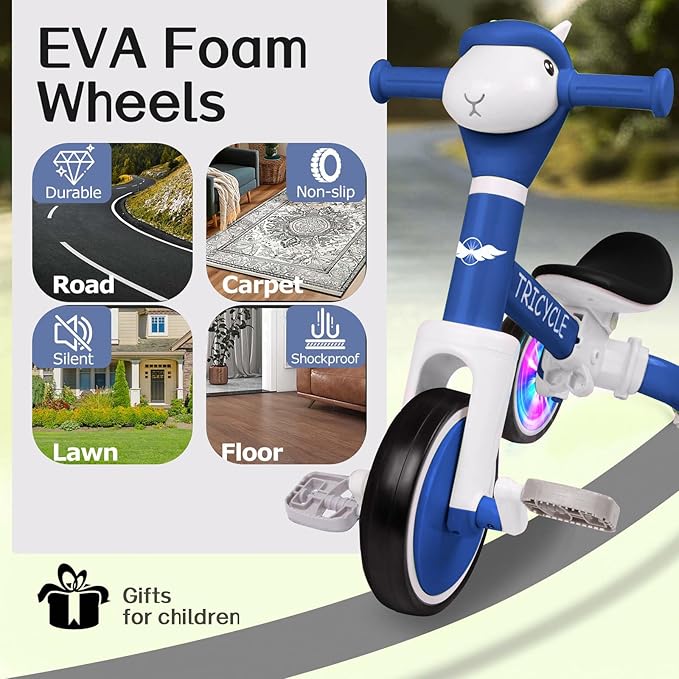 Toddler Balance Bike for Boys Girls, Tricycle for Toddlers 1-5 Year Olds, Toddler Tricycle with Light & Music Front, Kids Bicycle with Removable Pedal, Birthday Gifts for Kids (Flash Wheel Blue)