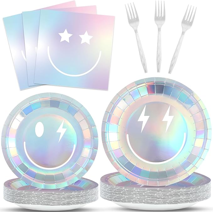 96Pcs Iridescent Party Supplies Smile Face Paper Plates Napkins Holographic Foil Laser Party Tableware Set Holographic Dinnerware for Birthday Baby Shower Decoration Serve 24