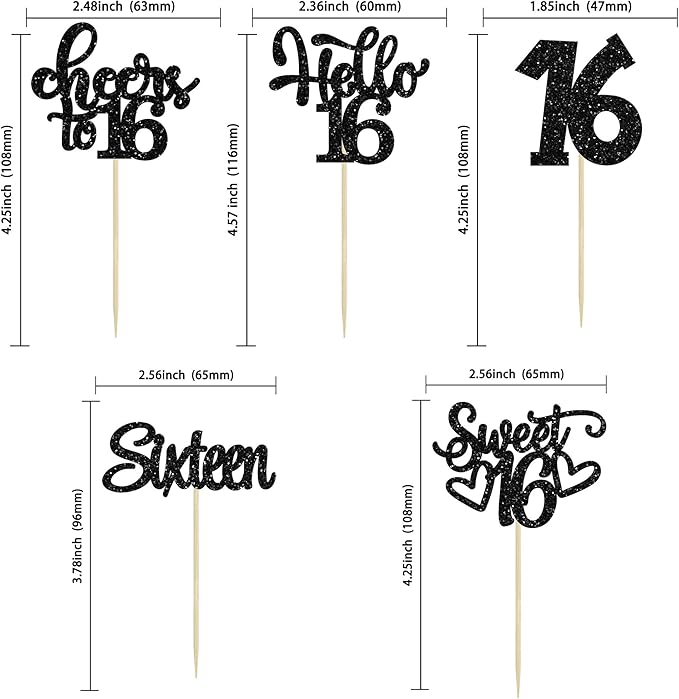 30Pcs 16th Birthday Cupcake Toppers Sixteen Happy 16th Cupcake Picks Sweet 16 Cake Decorations for Birthday Anniversary Party Supplies Black Glitter