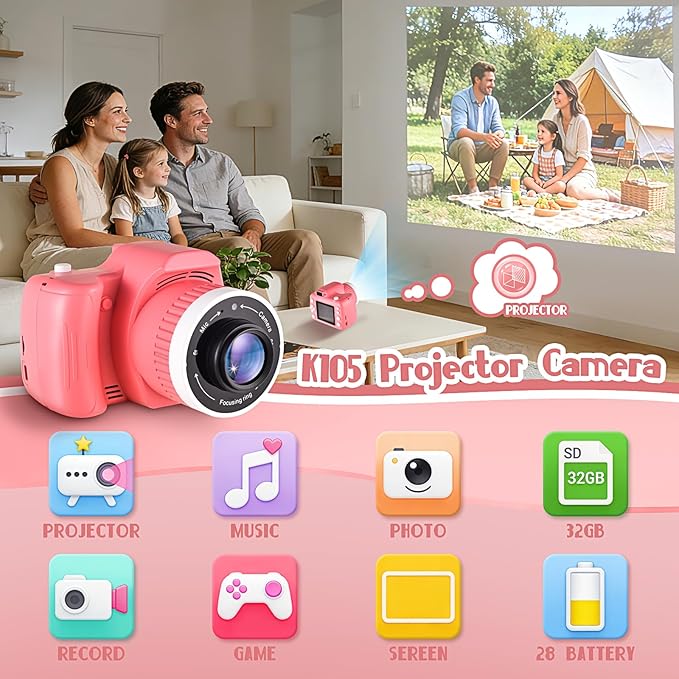Kids Digital Camera with Video Games, Digital Camera for Kids Fhd 1080P, Kids Video Camera Digital Camcorder with Projector Stent for Gifts Blue
