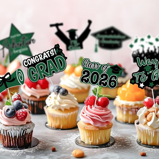 2026 Graduation Cupcake Toppers - 48 Pcs Green Graduation Party Supplies Mini Cake Food/Appetizer Picks For Class of 2026 Grad Decorations