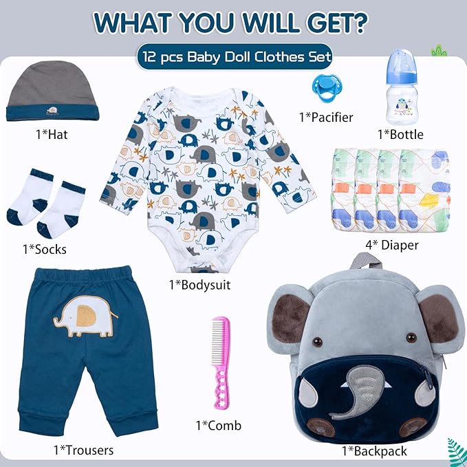 12 Pcs Reborn Baby Doll Clothes Set for 17-22 Inch Babydolls, Elephant Reborn Baby Doll Accessories and Clothes with Plush-Finish Backpack and Elephant Set for Realistic Babydolls Girls, Blue, White